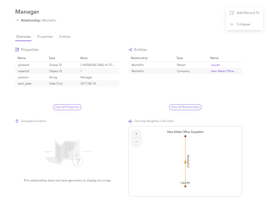 Content for a selected relationship on the Overview tab in the knowledge graph view Content for a selected relationship on the Overview tab in the knowledge graph view